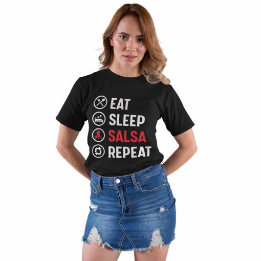 Eat Sleep Salsa Repeat Womens black tshirt flauntpassion